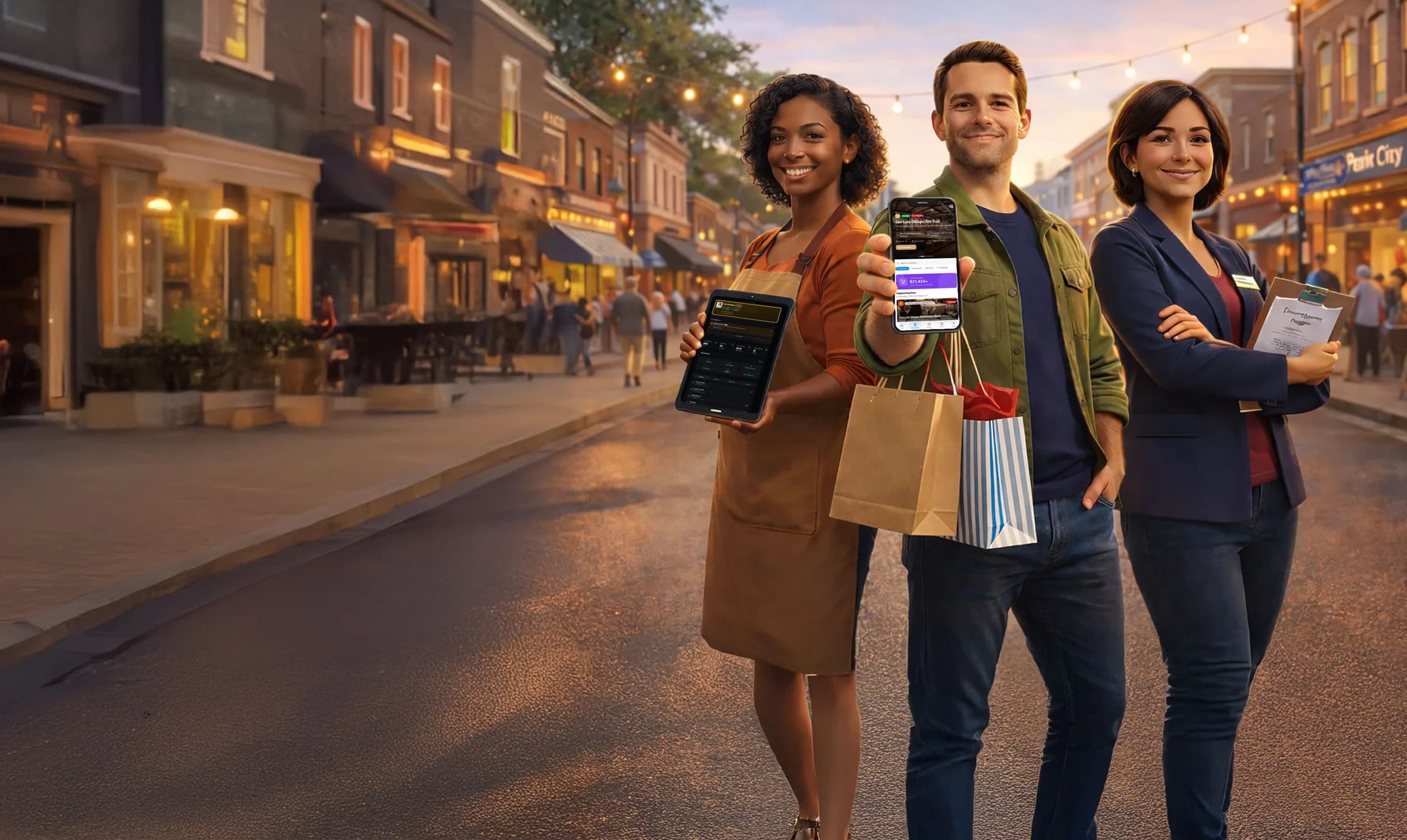 People enjoying local businesses with Perk City